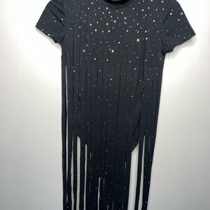 Women’s Small Black Fringe Bodysuit with Gold Accents